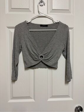 Gray Ring-Front Plunge Cropped Wrap Top